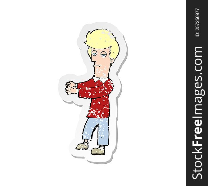 retro distressed sticker of a cartoon bored man showing the way