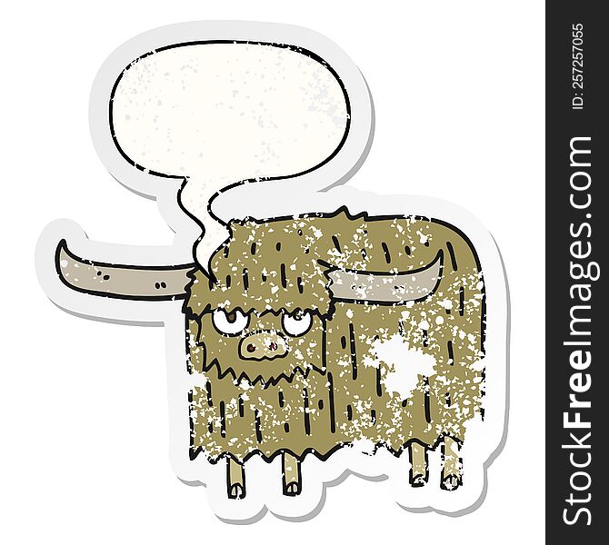 cartoon hairy cow and speech bubble distressed sticker