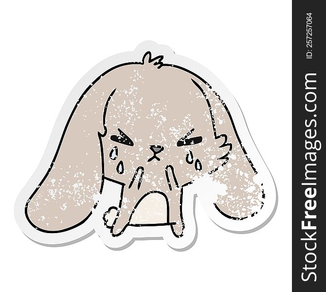 freehand drawn distressed sticker cartoon of cute kawaii sad bunny
