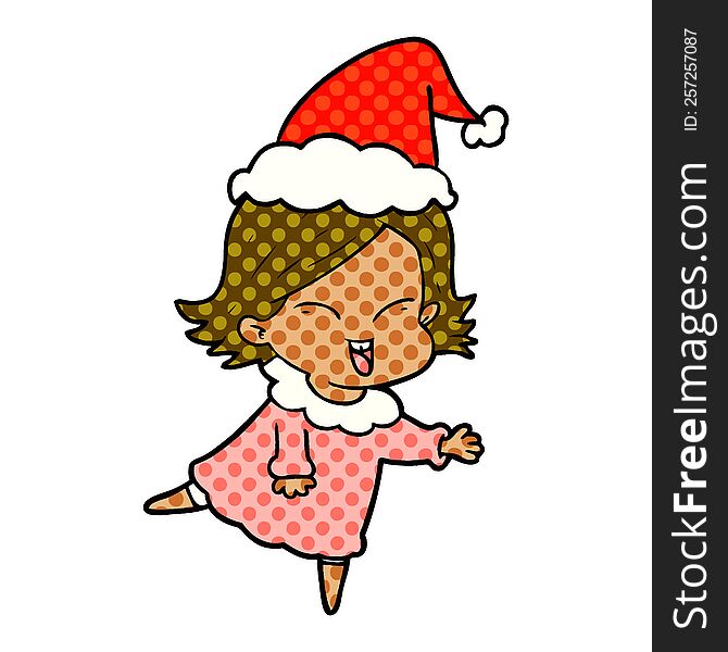 Happy Comic Book Style Illustration Of A Girl Wearing Santa Hat