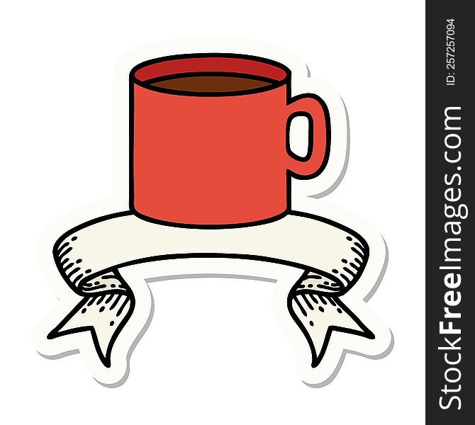 Tattoo Sticker With Banner Of Cup Of Coffee