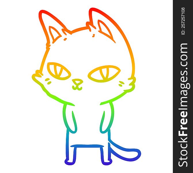 Rainbow Gradient Line Drawing Cartoon Cat With Bright Eyes