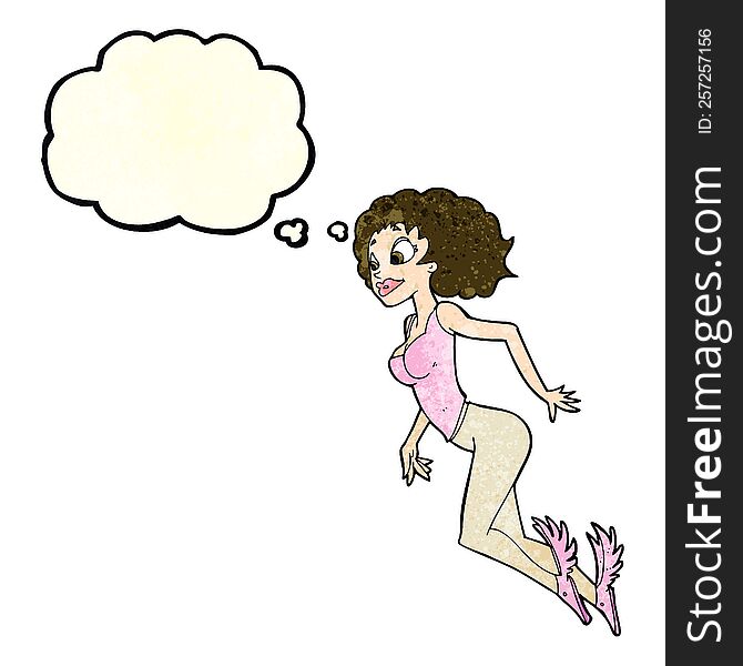 cartoon flying woman with thought bubble