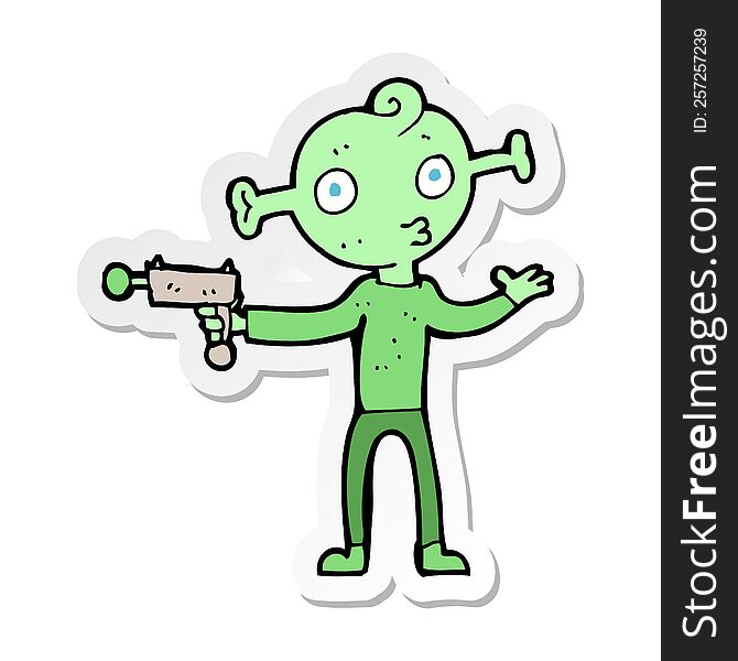 sticker of a cartoon alien with ray gun