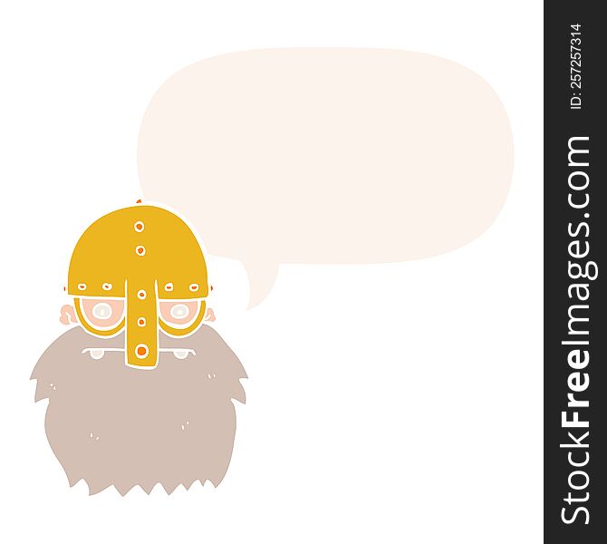 cartoon viking face and speech bubble in retro style