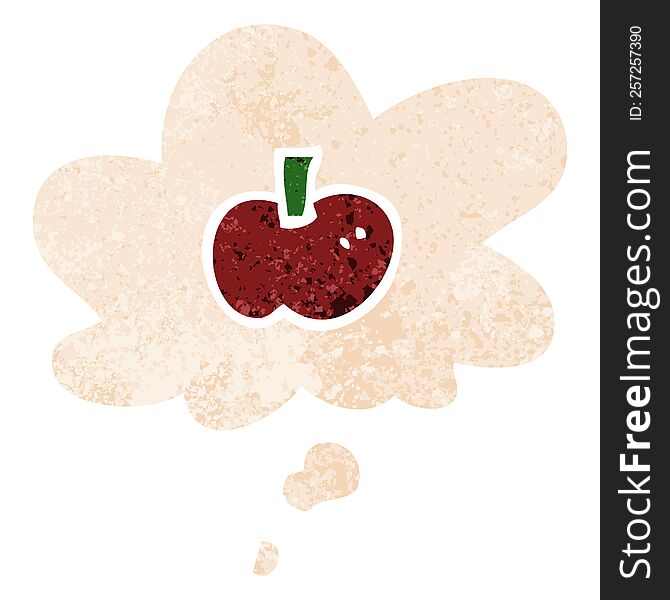 cartoon apple symbol with thought bubble in grunge distressed retro textured style. cartoon apple symbol with thought bubble in grunge distressed retro textured style