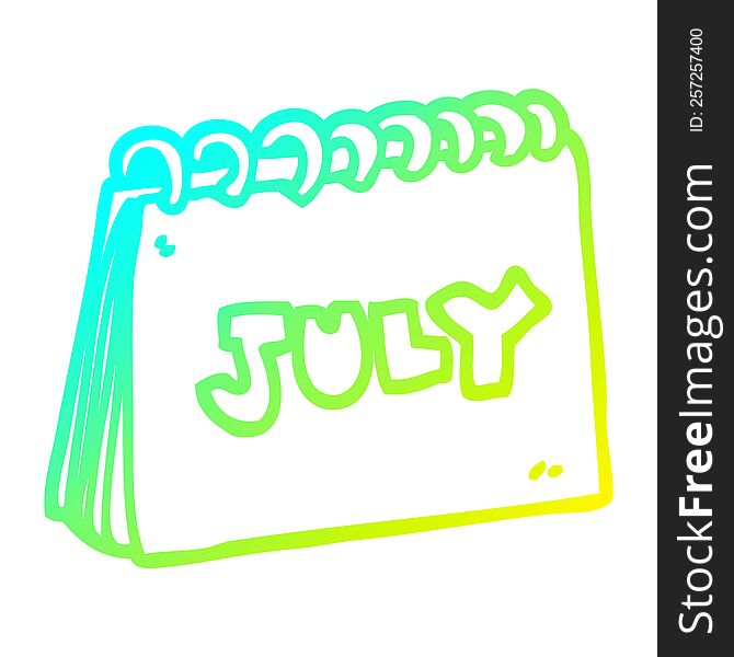 Cold Gradient Line Drawing Cartoon Calendar Showing Month Of July