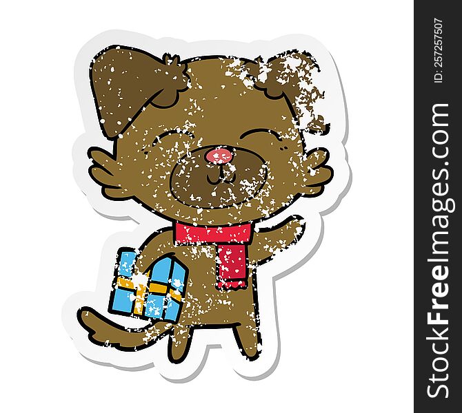 Distressed Sticker Of A Cartoon Dog Ready For Xmas