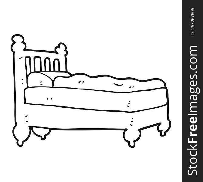 freehand drawn black and white cartoon bed
