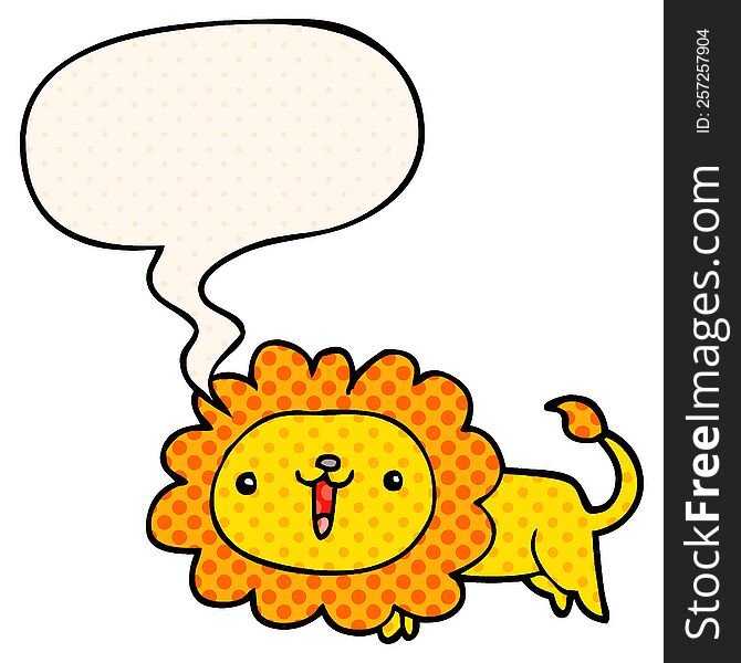 Cute Cartoon Lion And Speech Bubble In Comic Book Style