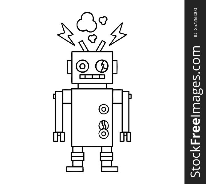 Line Drawing Cartoon Malfunctioning Robot