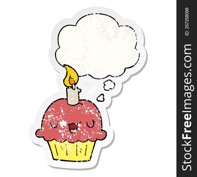 cartoon cupcake with thought bubble as a distressed worn sticker