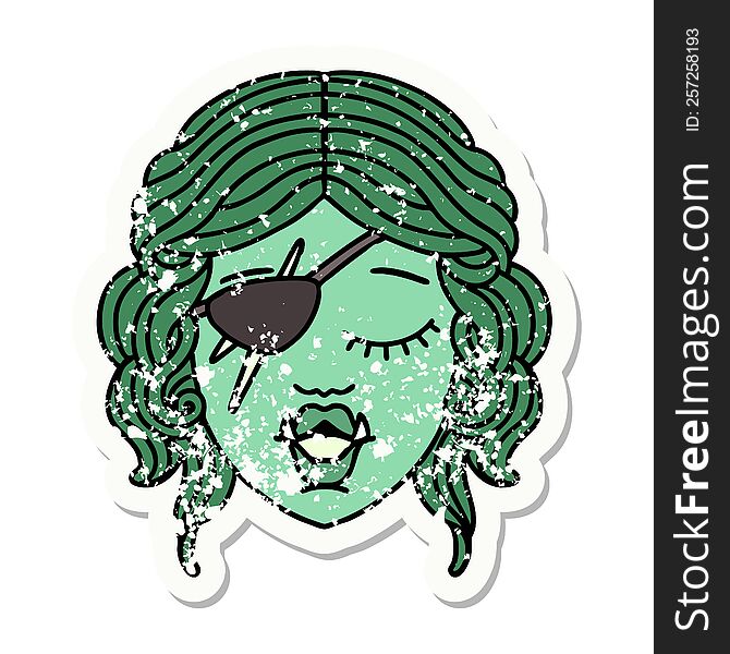 grunge sticker of a orc rogue character face. grunge sticker of a orc rogue character face
