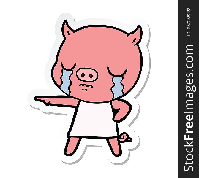 Sticker Of A Cartoon Pig Crying Pointing