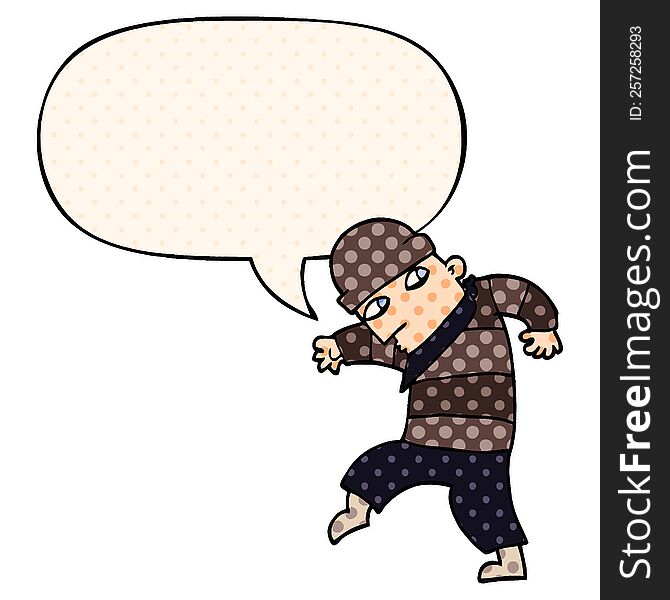 cartoon sneaking thief with speech bubble in comic book style