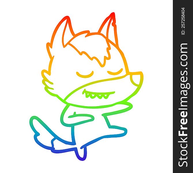 rainbow gradient line drawing of a friendly cartoon wolf dancer