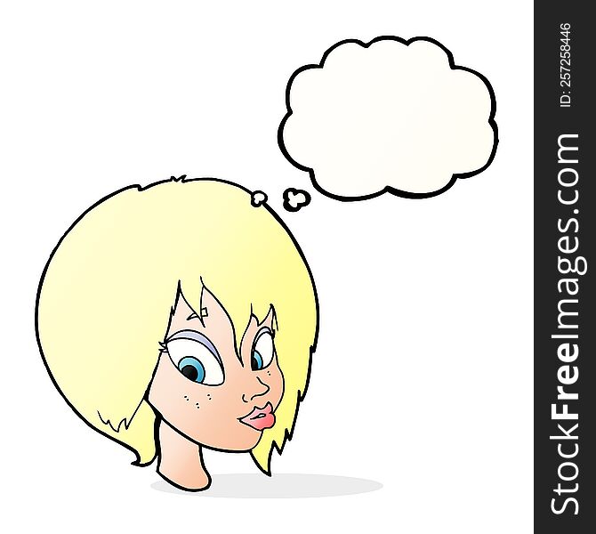 cartoon pretty female face pouting with thought bubble