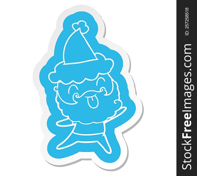 Sticker Of A Man With Beard Sticking Out Tongue Wearing Santa Hat