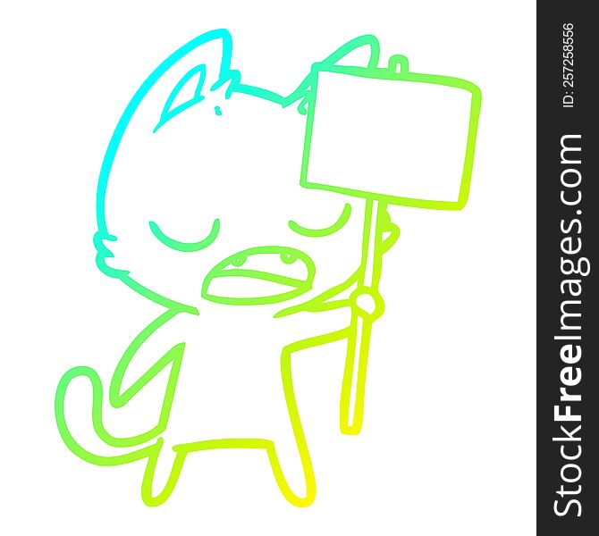 Cold Gradient Line Drawing Talking Cat Cartoon With Placard