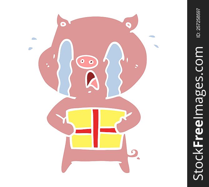 crying pig flat color style cartoon delivering christmas present