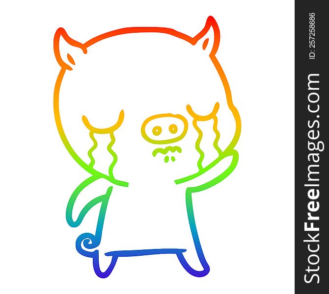 rainbow gradient line drawing of a cartoon pig crying waving goodbye