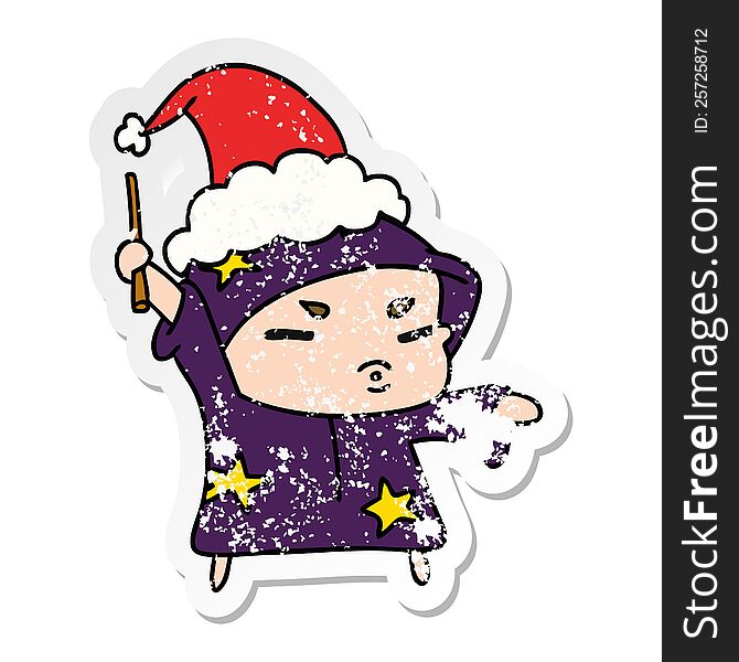Christmas Distressed Sticker Cartoon Of Kawaii Wizard