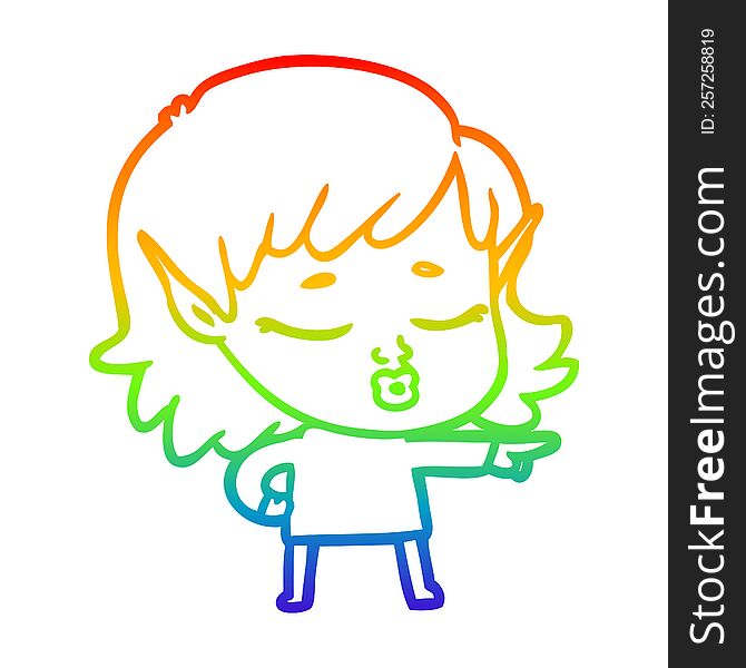 Rainbow Gradient Line Drawing Pretty Cartoon Elf Girl Pointing