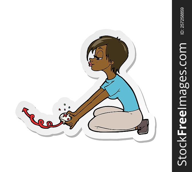 Sticker Of A Cartoon Girl Playing Computer Games