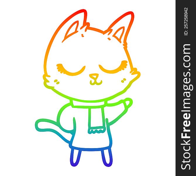 Rainbow Gradient Line Drawing Calm Cartoon Cat Wearing Scarf