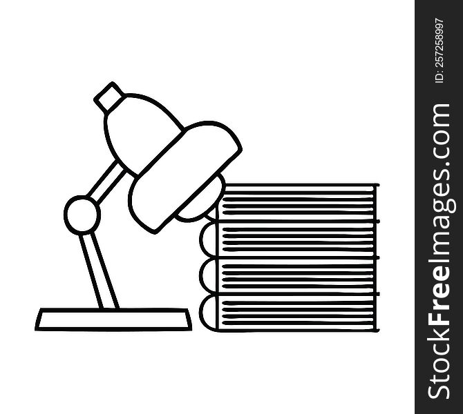 line drawing cartoon of a study books and lamp