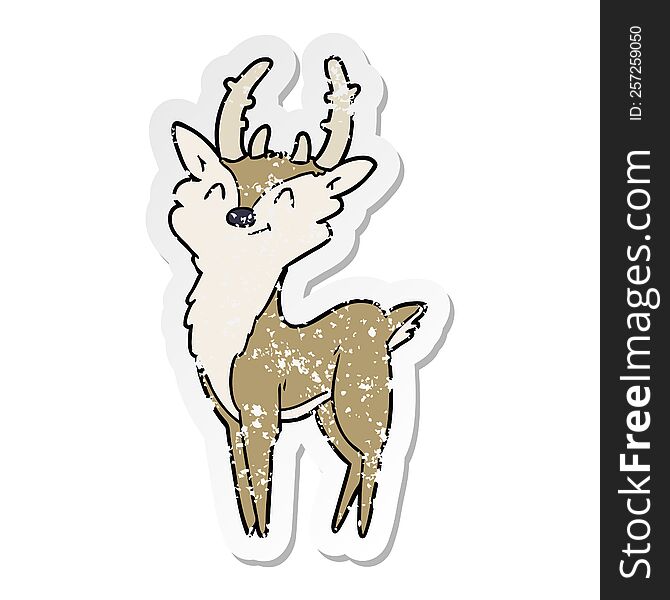 Distressed Sticker Of A Cartoon Happy Stag