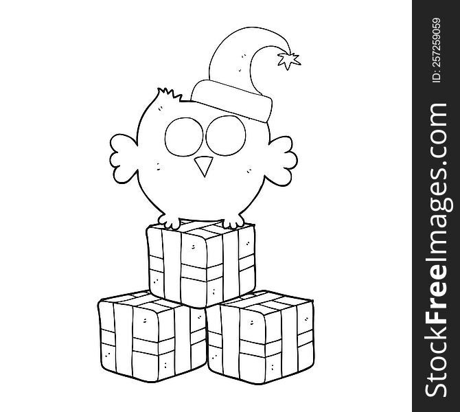 freehand drawn black and white cartoon little owl wearing christmas hat