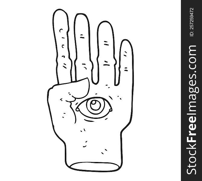 freehand drawn black and white cartoon spooky hand with eyeball