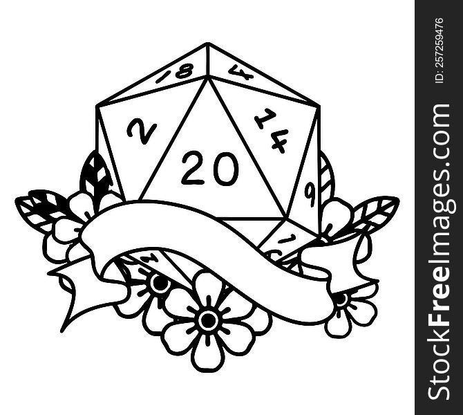 Black and White Tattoo linework Style natural twenty D20 dice roll. Black and White Tattoo linework Style natural twenty D20 dice roll