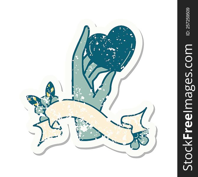 Grunge Sticker With Banner Of A Hand Holding A Heart