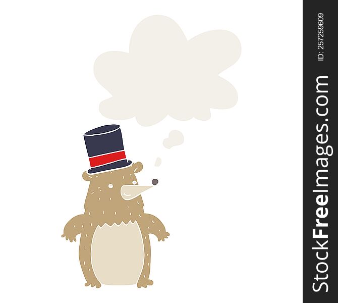 Cartoon Bear In Top Hat And Thought Bubble In Retro Style