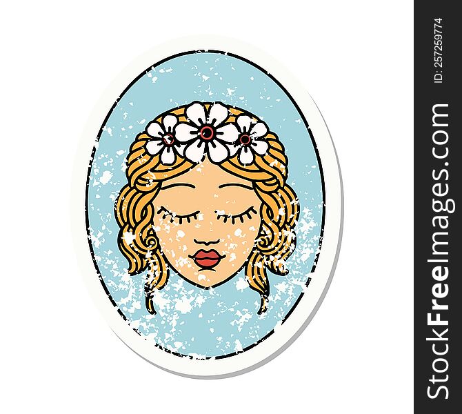 distressed sticker tattoo in traditional style of a maiden with eyes closed. distressed sticker tattoo in traditional style of a maiden with eyes closed