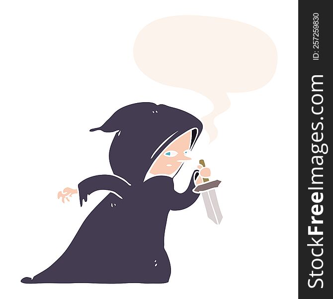 cartoon assassin in dark robe with speech bubble in retro style