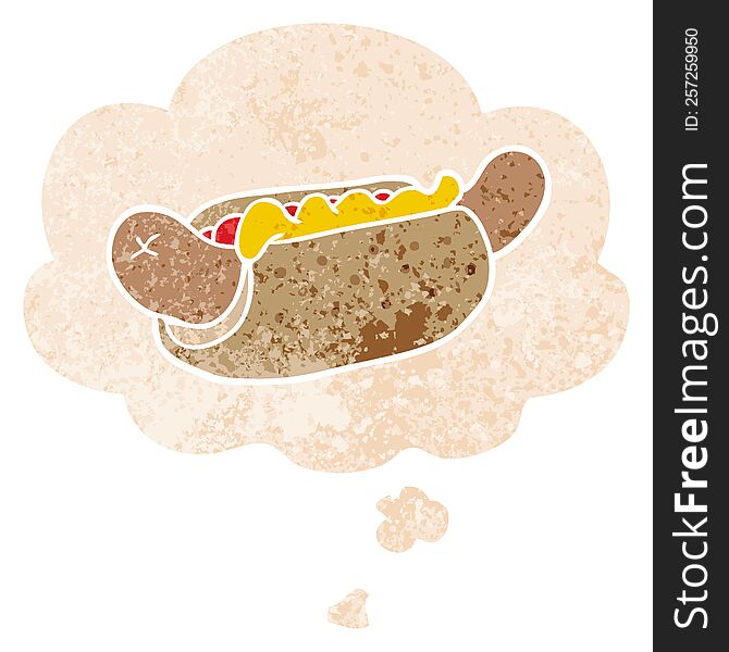 cartoon hot dog with thought bubble in grunge distressed retro textured style. cartoon hot dog with thought bubble in grunge distressed retro textured style