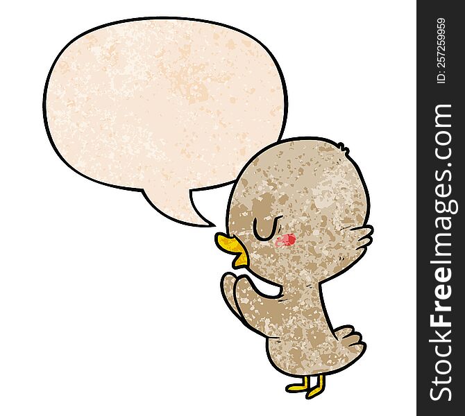 cute cartoon duckling with speech bubble in retro texture style