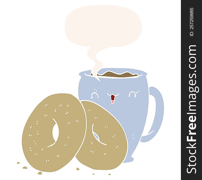 Cartoon Coffee And Donuts And Speech Bubble In Retro Style