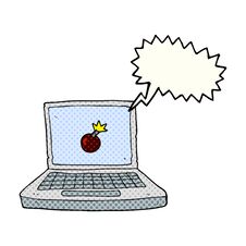 Comic Book Speech Bubble Cartoon Laptop Computer With Bomb Symbol Stock Photography