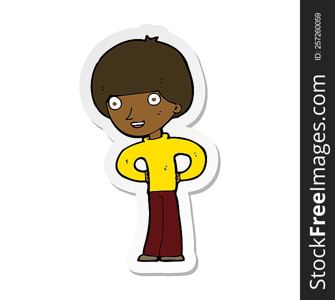 sticker of a cartoon happy boy with hands on hips