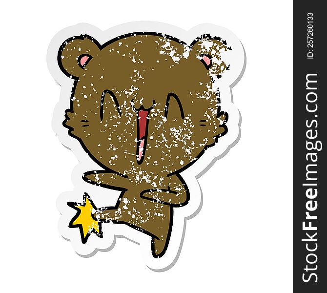 distressed sticker of a happy bear kicking cartoon