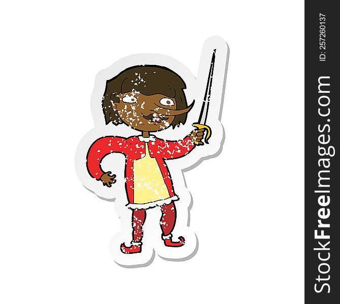 Retro Distressed Sticker Of A Cartoon Man With Sword