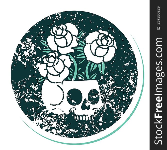 distressed sticker tattoo style icon of a skull and roses