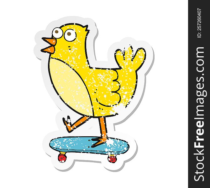 Retro Distressed Sticker Of A Cartoon Bird On Skateboard