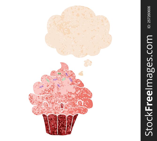 Cute Cartoon Frosted Cupcake And Thought Bubble In Retro Textured Style