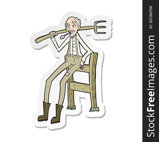 sticker of a cartoon old farmer leaning on fence