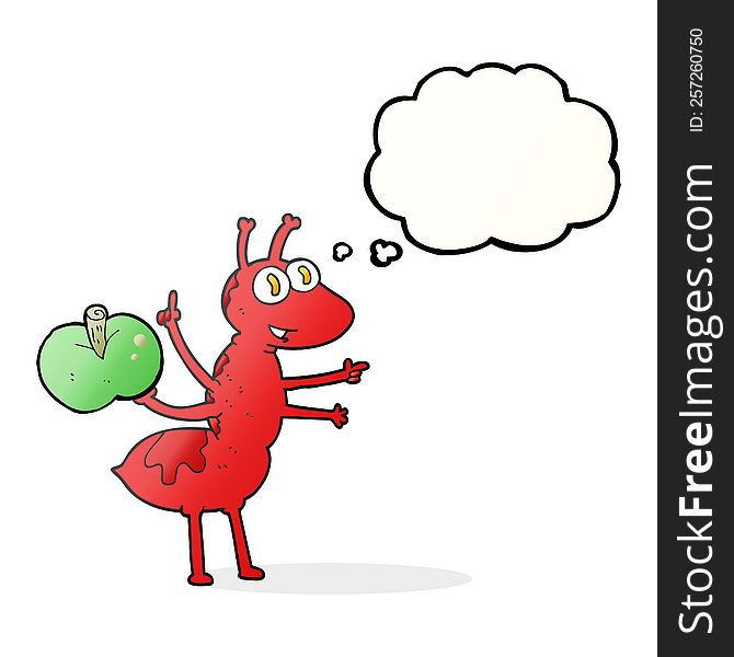 freehand drawn thought bubble cartoon ant with apple